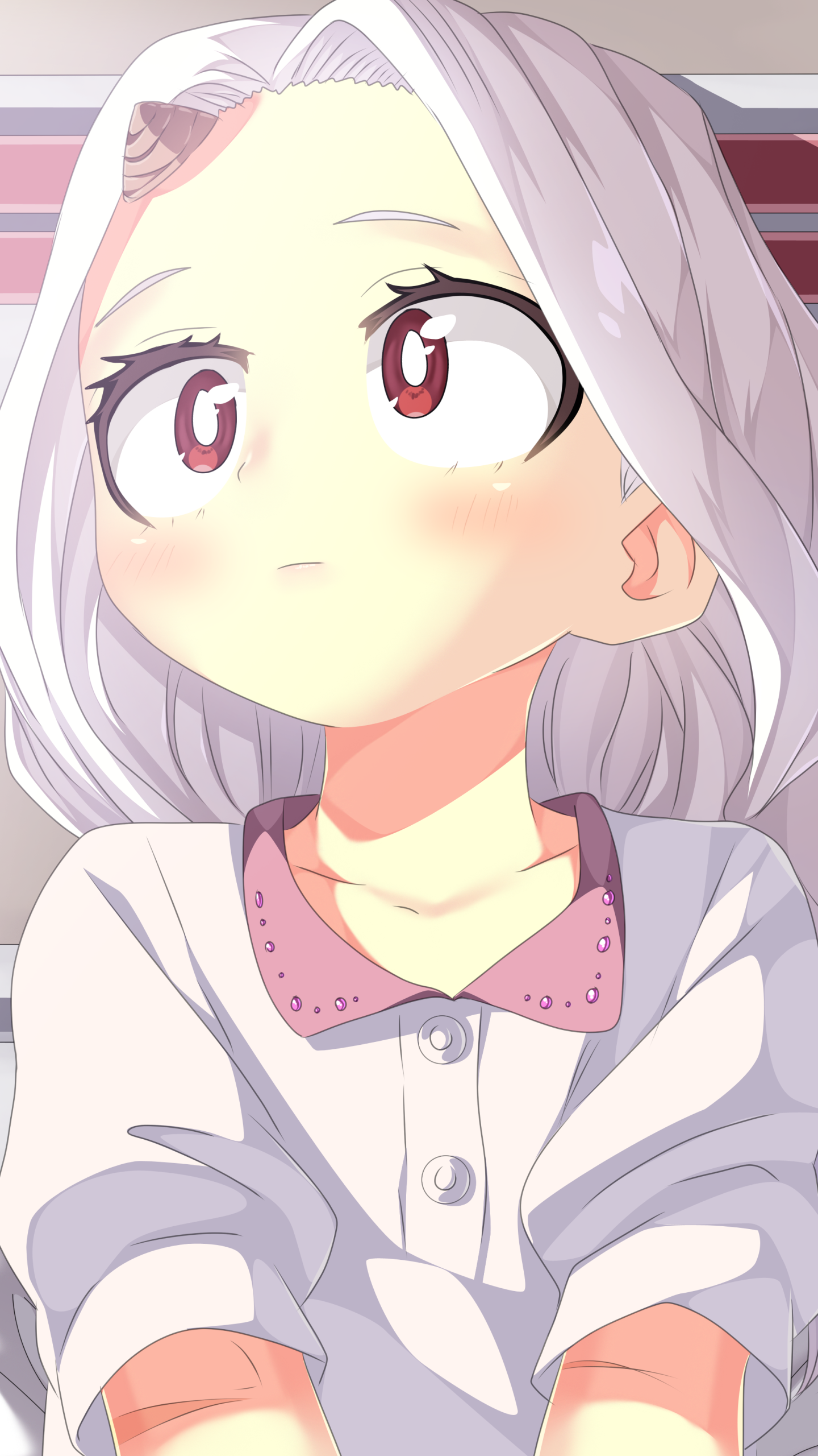 Anime phone wallpaper of Eri from My Hero Academia: soft-lit portrait with pale silver hair, wide red eyes and a faint blush against pastel striped background.