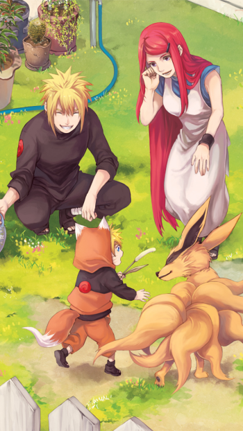 Phone wallpaper featuring Naruto Uzumaki, Minato Namikaze, Kushina Uzumaki, and Kyūbi from Naruto anime enjoying a sunny garden moment together.