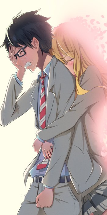 Phone wallpaper featuring Kaori Miyazono embracing Kousei Arima from the anime Your Lie in April, with a soft pink floral background, compatible with iPhones and Android phones.