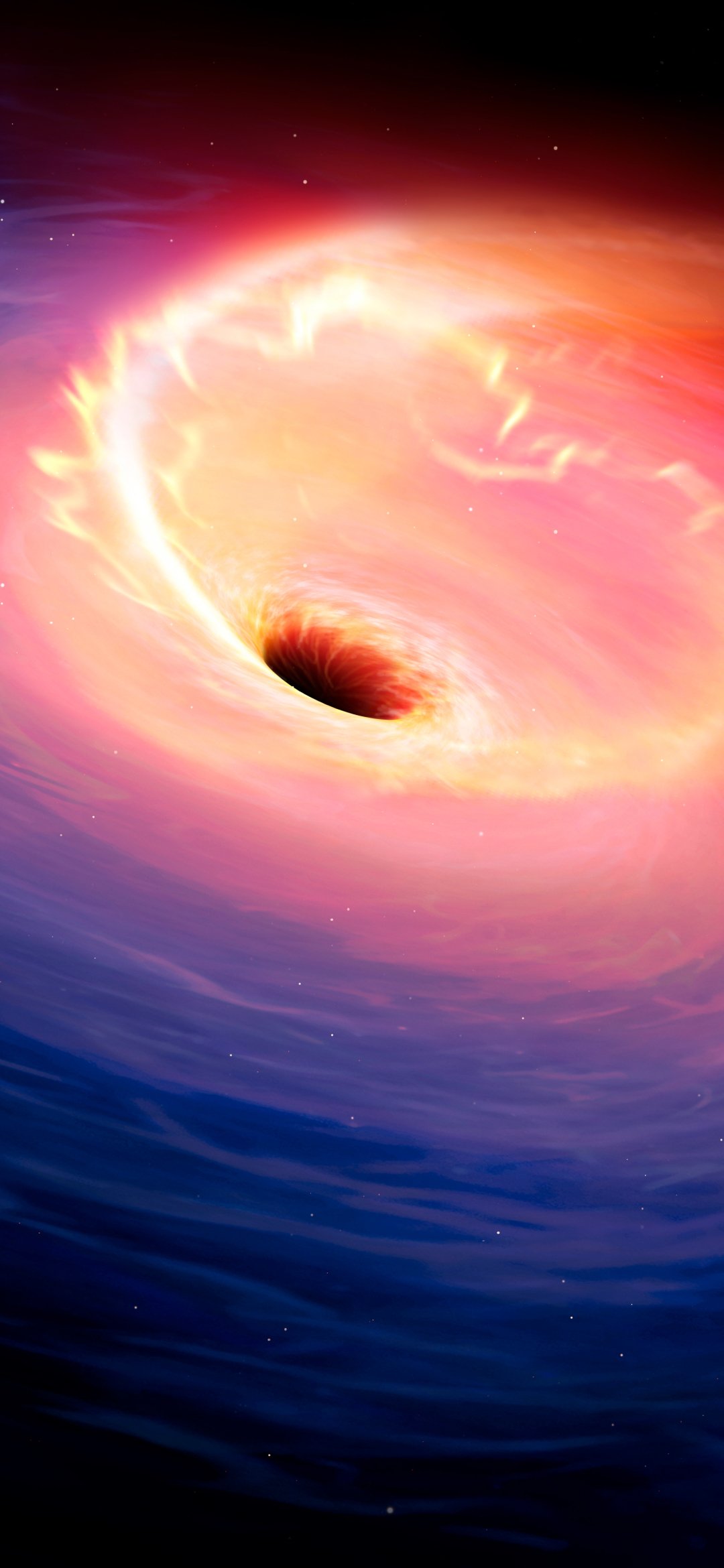 Sci-fi phone wallpaper showing a glowing accretion disk spiraling into a dark black hole, radiant pink, orange and deep-blue hues.