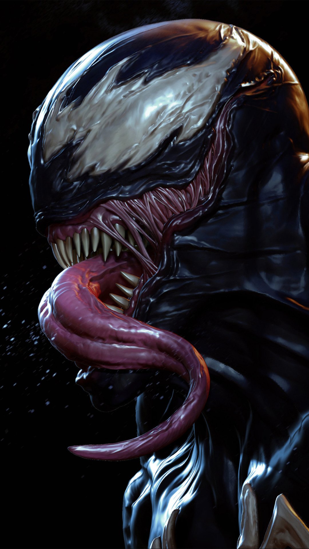 Phone wallpaper of comic Venom: glossy black head, wide toothy grin and long dripping tongue set against a shadowy background.
