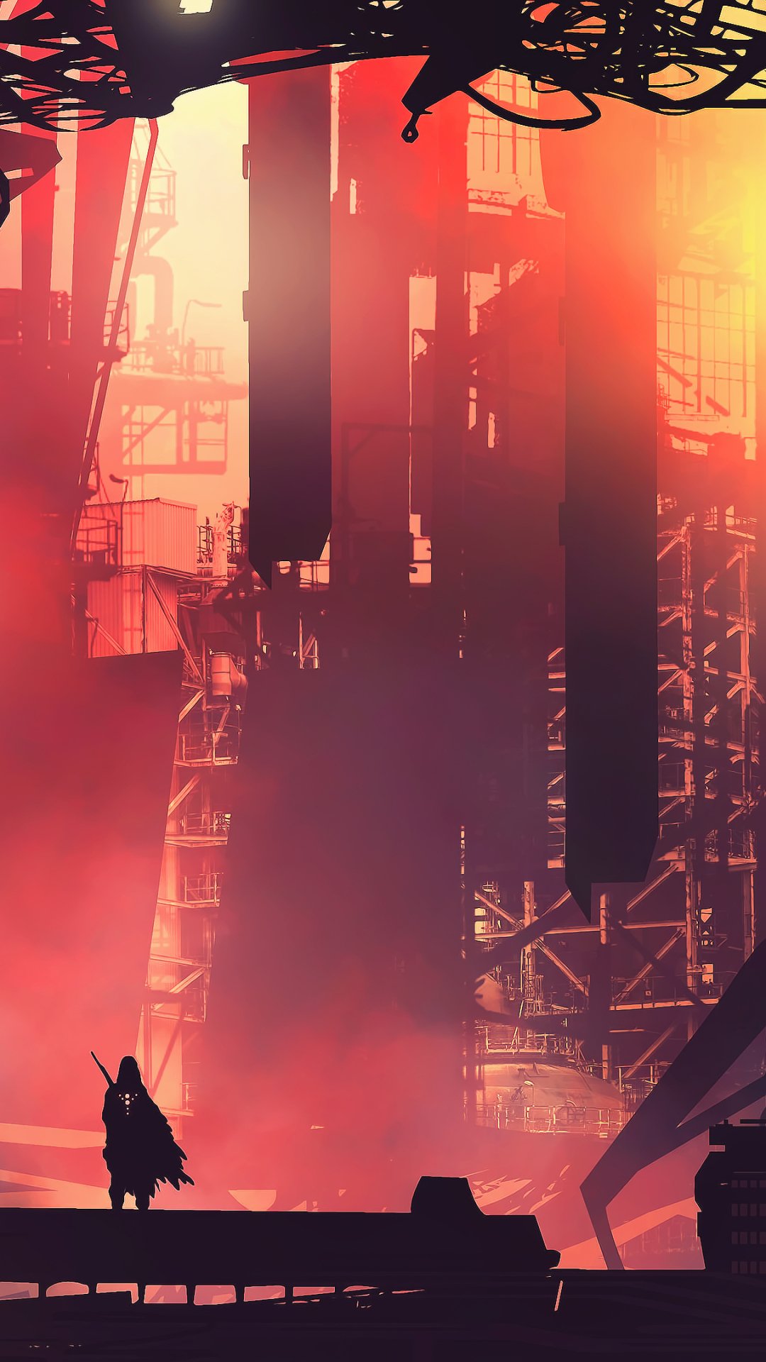 Phone wallpaper of a futuristic sci‑fi city: towering industrial platforms and scaffolding bathed in red-orange light, a lone silhouetted figure standing on a ledge.