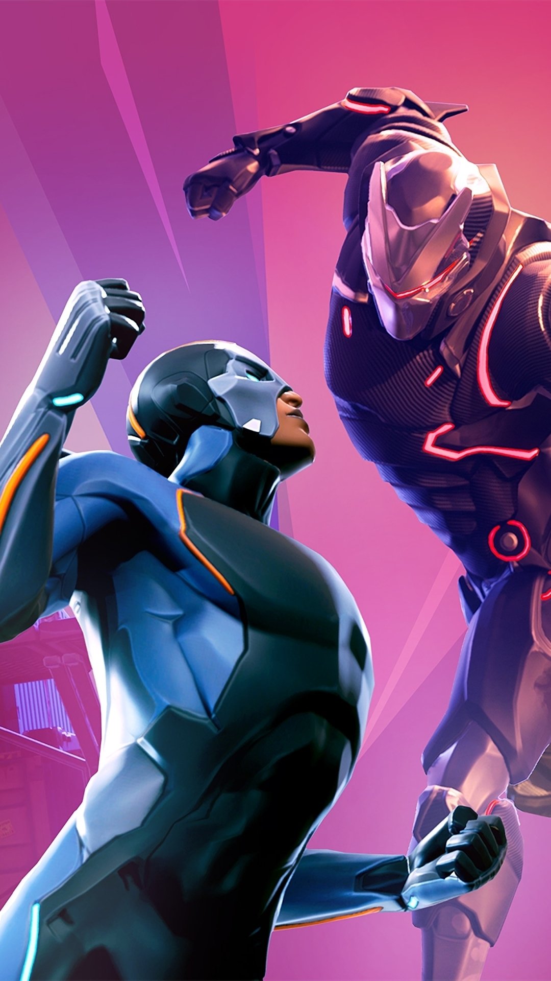 Phone wallpaper of the video game Fortnite featuring two futuristic armored characters clashing mid-air against a pink-purple gradient backdrop.