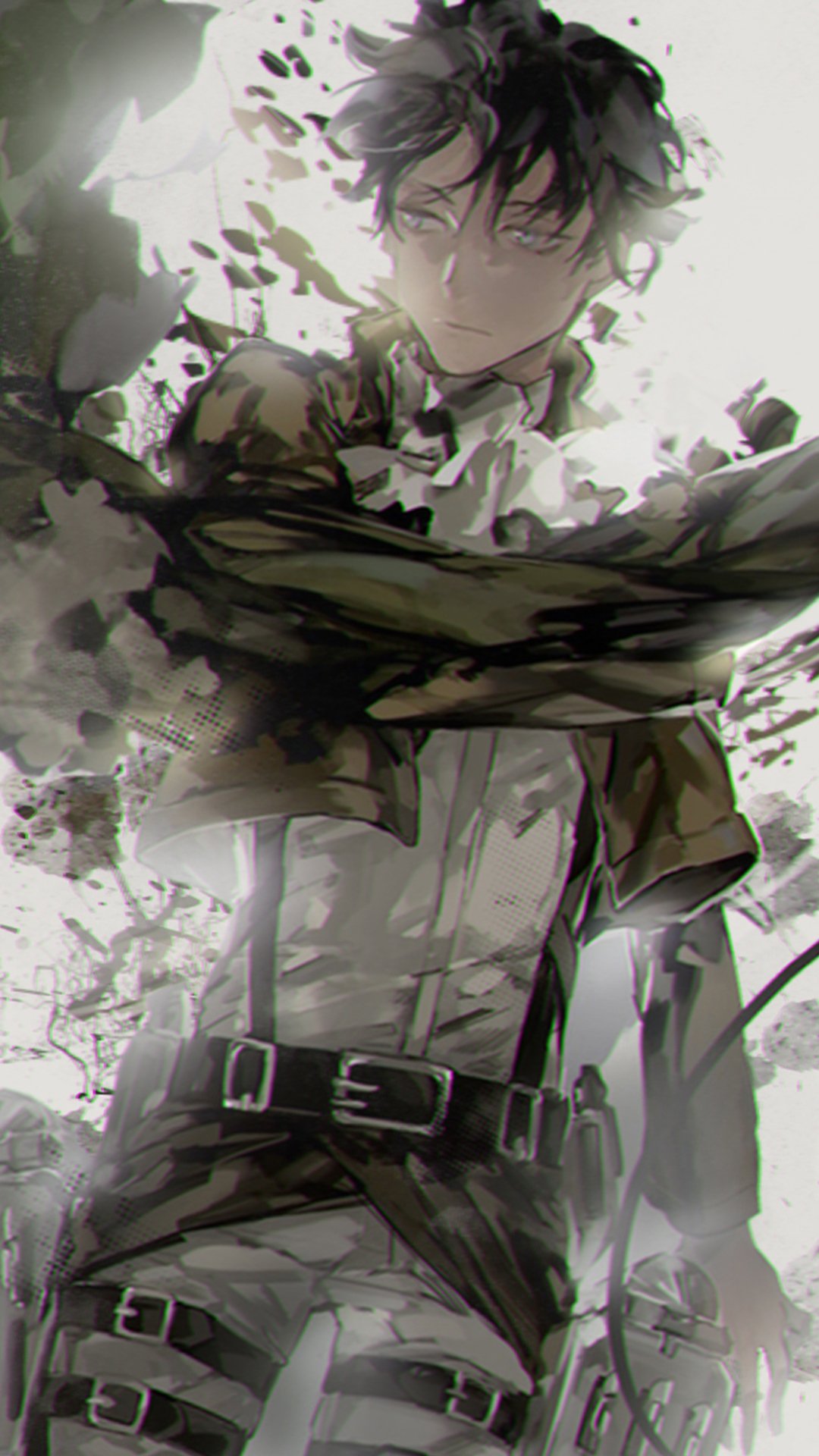 Vertical Attack on Titan wallpaper: Levi Ackerman in Survey Corps uniform, cloak and swirling debris, moody grayscale tones for iPhone and Android screens.