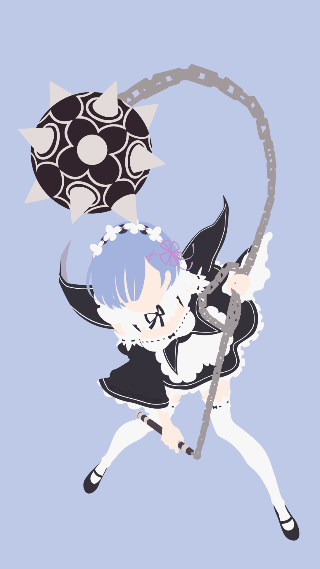 Phone wallpaper of Rem from Re:Zero - Starting Life in Another World: stylized anime art of her in a maid outfit swinging a spiked flail against a pale lavender background.