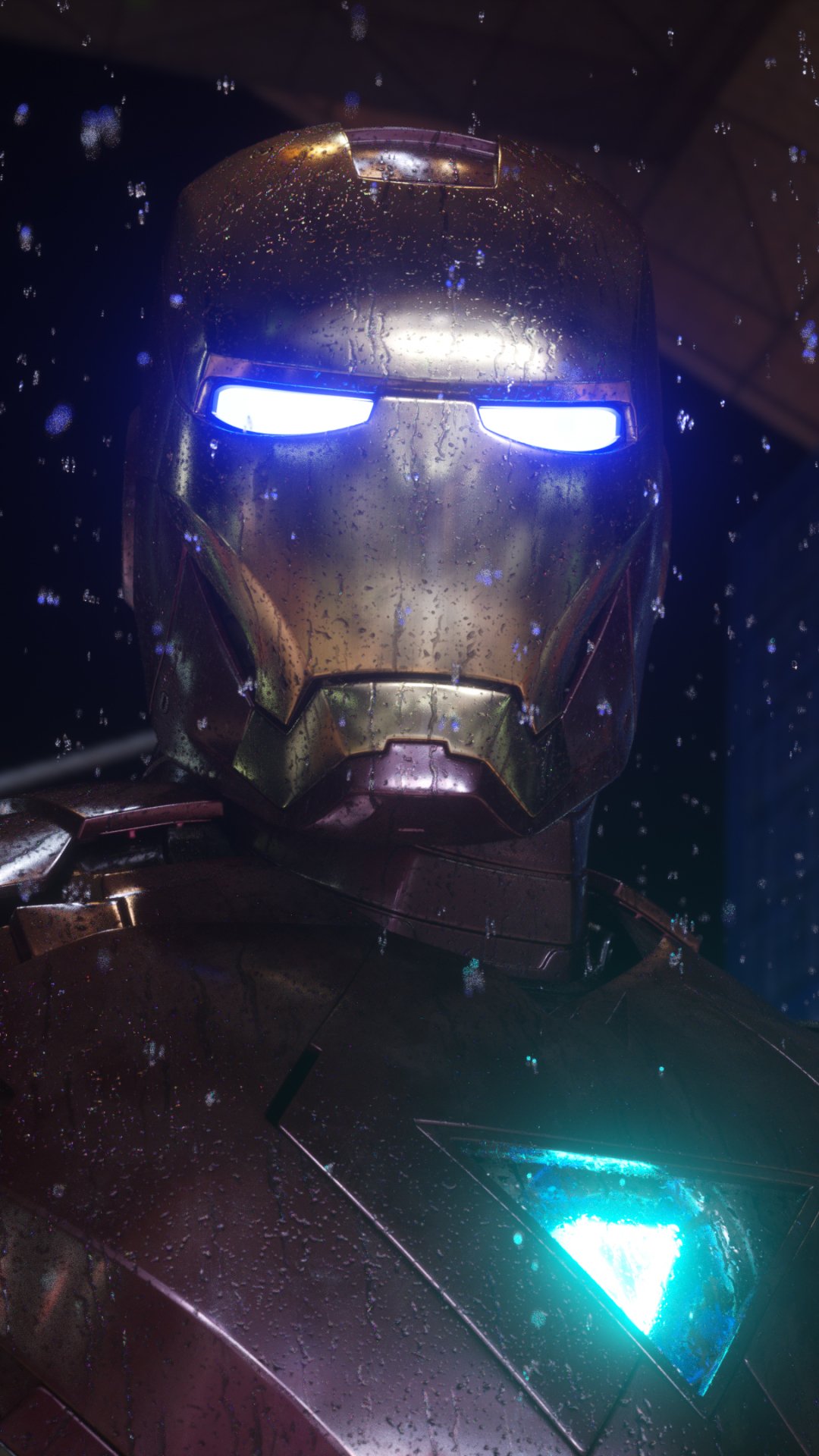 Phone wallpaper close-up of Iron Man helmet with glowing blue eyes and arc reactor, cinematic Avengers movie look.