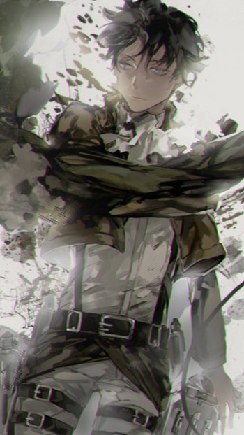 Vertical Attack on Titan wallpaper: Levi Ackerman in Survey Corps uniform, cloak and swirling debris, moody grayscale tones for iPhone and Android screens.