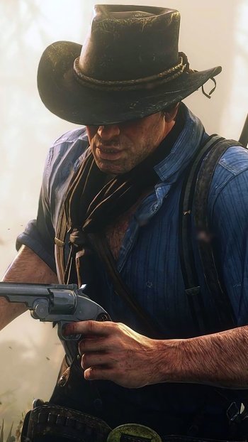 Arthur Morgan from Red Dead Redemption 2 gripping a revolver, captured in a detailed, atmospheric phone wallpaper for iPhone and Android.