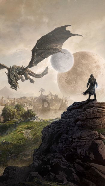 Phone wallpaper featuring a dragon flying over a landscape with two moons and a distant planet, inspired by The Elder Scrolls Online video game.