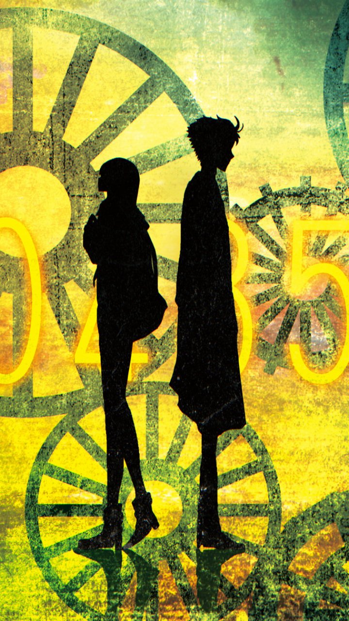 Phone wallpaper showing Kurisu Makise and Rintaro Okabe silhouettes back-to-back against a yellow-green clockwork gear background with glowing numerals — Steins;Gate anime.