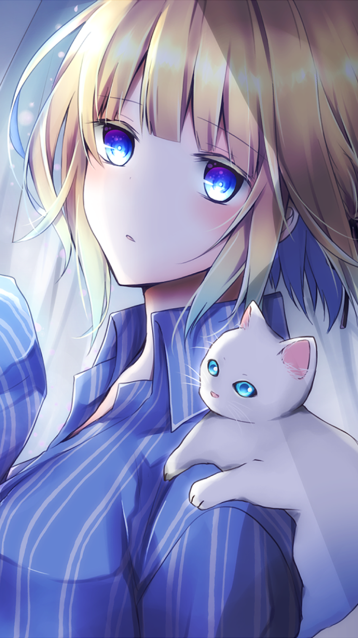 Anime-style phone wallpaper featuring a blonde girl with blue eyes holding a small white cat, designed for iPhone and Android screens.