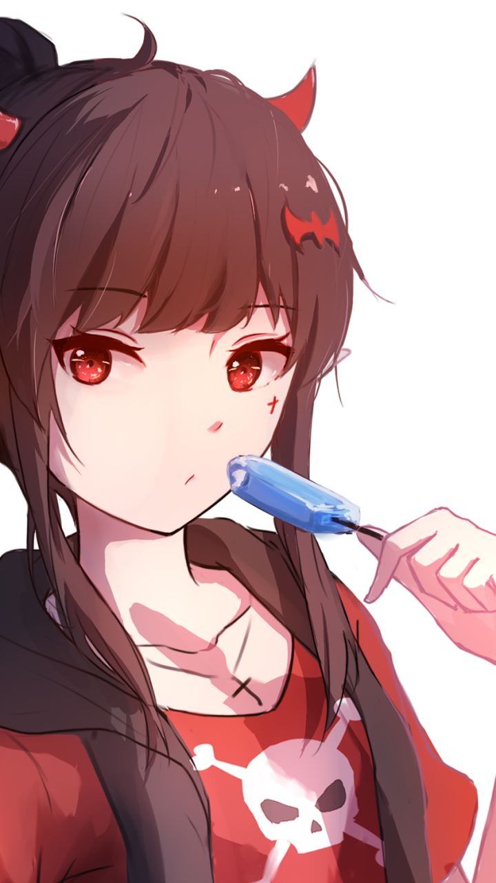 anime girl with dark brown hair and red eyes