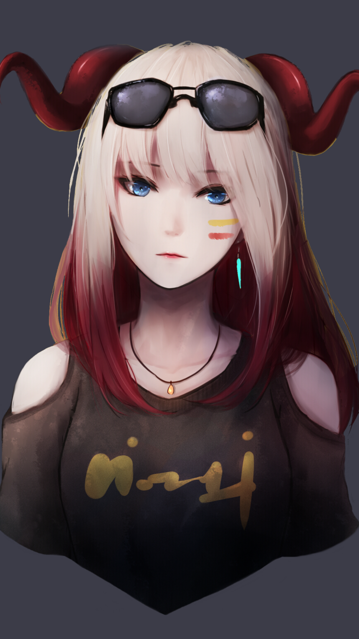 Download Blue Eyes Glasses Horns Two-toned Hair Anime Original Phone Wallpaper