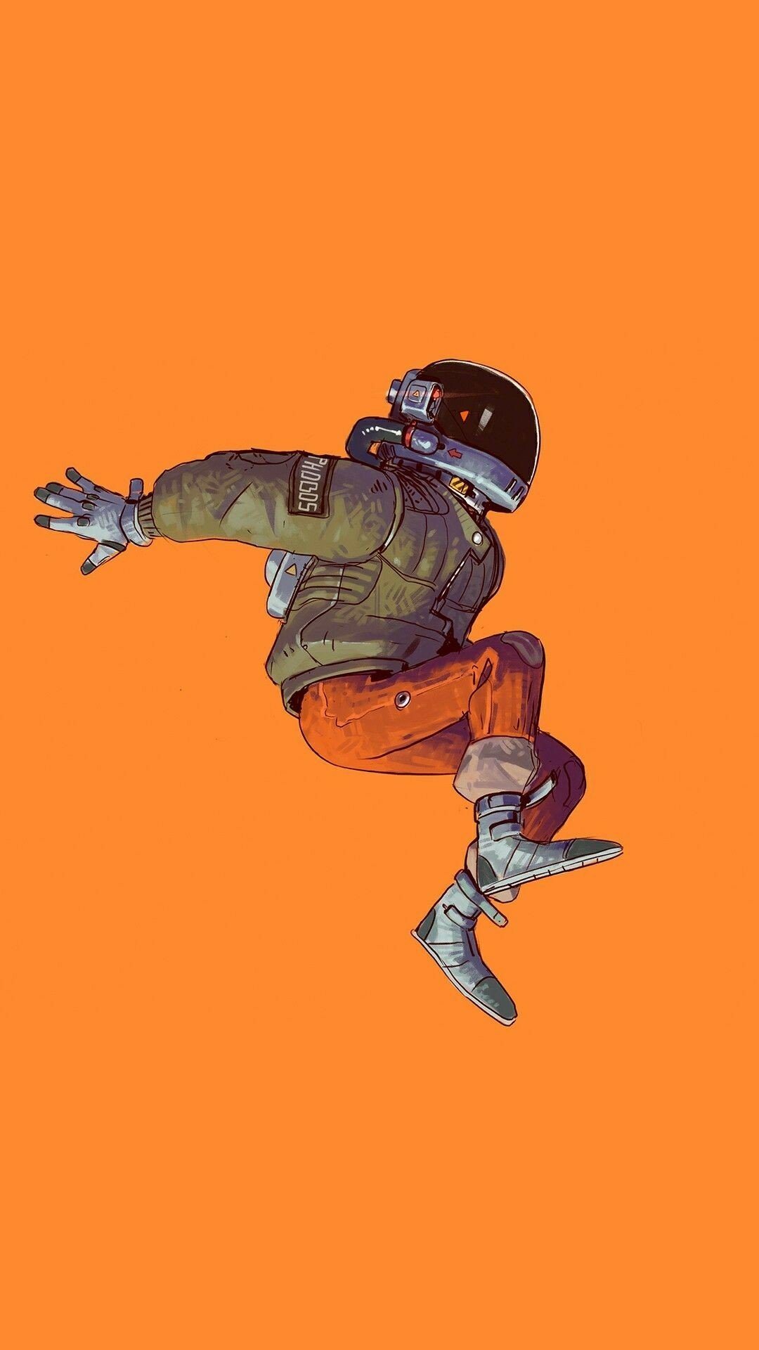 Sci-fi astronaut in a retro jacket, helmet and sneakers floating mid-jump on a bold orange phone wallpaper.