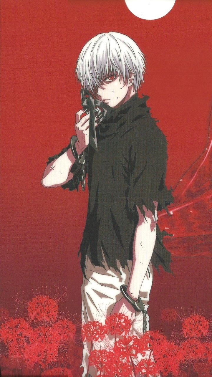 iPhone wallpaper of Ken Kaneki (Tokyo Ghoul): white‑haired anime figure in torn black shirt holding a mask to his face against a crimson background with moon and red flowers.