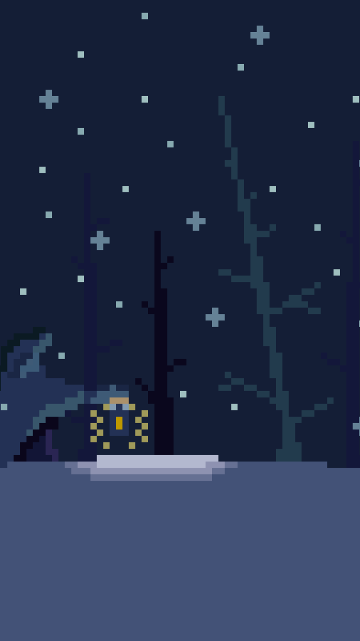 Artistic pixel art phone wallpaper: a quiet snowy clearing with bare trees, a glowing lantern on a snow patch beneath a starry night sky.