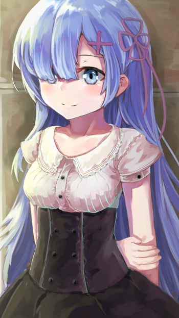 Phone wallpaper of Rem (Re:ZERO) — anime portrait from Re:Zero - Starting Life in Another World: blue hair, pink hairpin, soft smile and maid-style dress against a warm stone background.