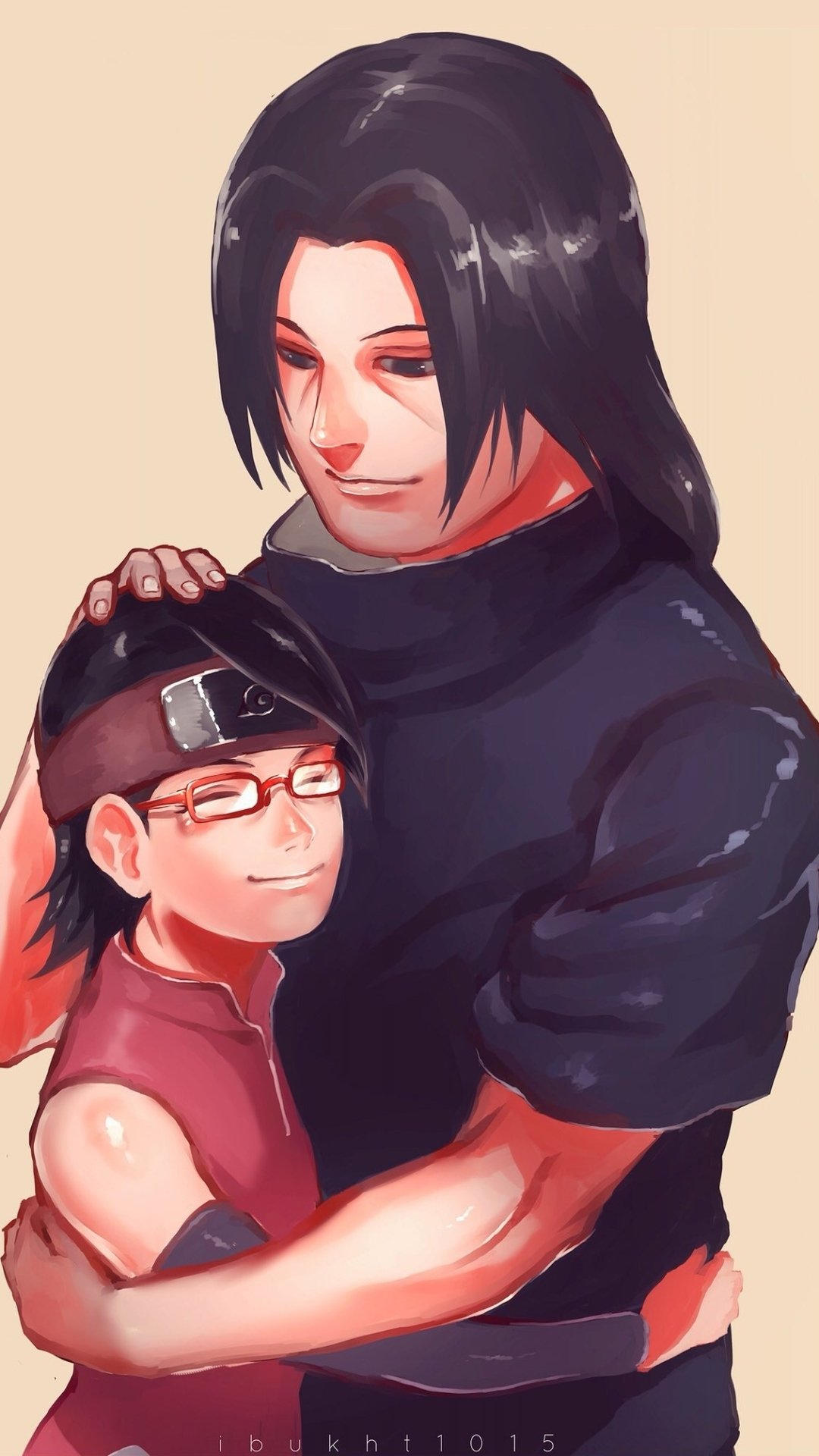 Phone wallpaper featuring anime characters Sarada Uchiha and Itachi Uchiha from Naruto, depicted in a warm embrace with soft colors, compatible with iPhones and Android phones.