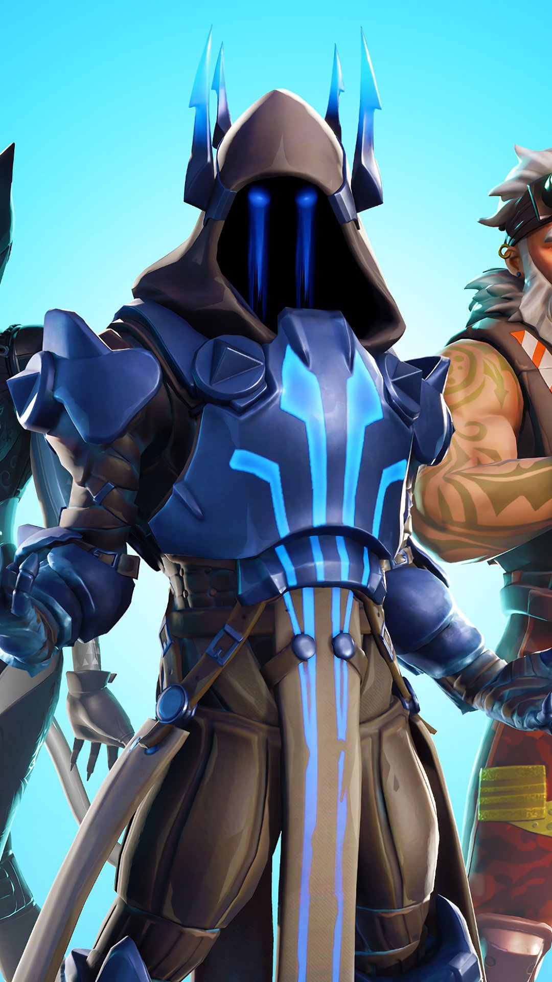 Fortnite video game iPhone wallpaper: blue-armored hooded warrior with glowing cyan visor and markings, flanked by other characters against a bright sky-blue background.