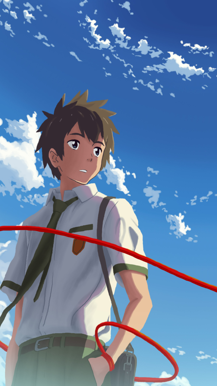 Phone wallpaper of Taki Tachibana from the anime Your Name. Standing beneath a vivid blue sky as a red thread winds around him.