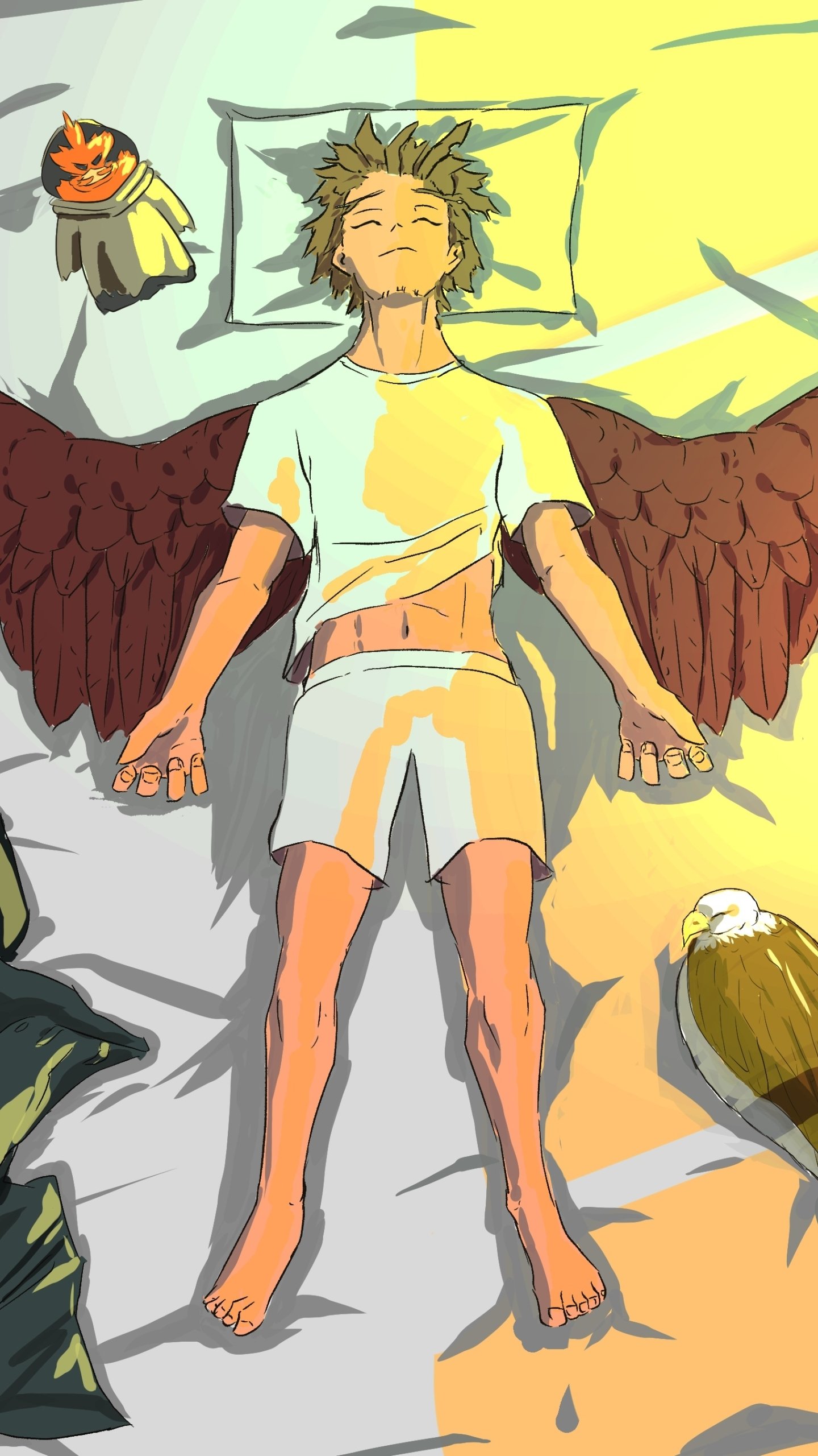 Phone wallpaper of Hawks (Boku No Hero Academia) from the anime My Hero Academia, lying on a bed with wings spread, relaxed expression and warm sunlight casting soft shadows.