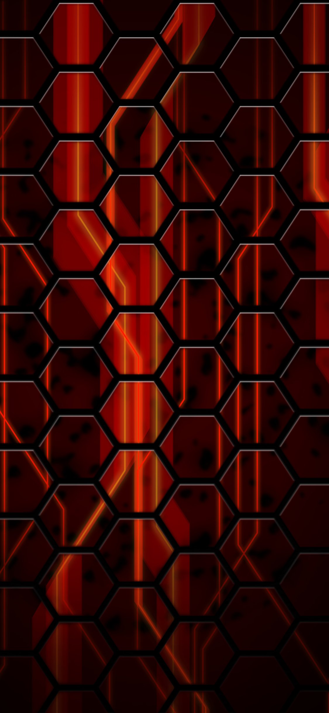Cool abstract phone wallpaper with glowing red-orange vertical streaks seen through a dark hexagonal honeycomb grid, creating high-contrast geometric depth.