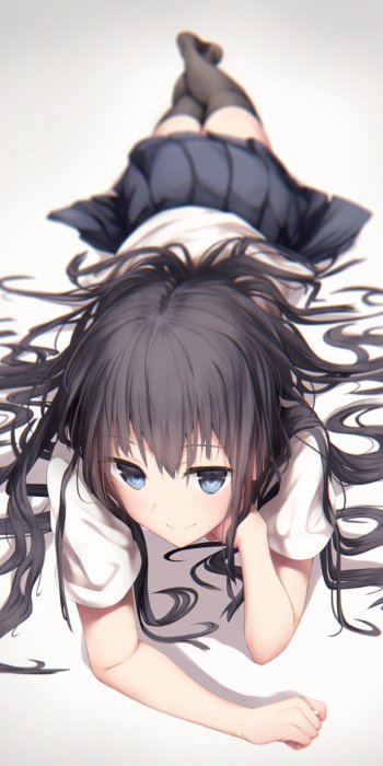 Phone wallpaper of an anime girl lying on her stomach, long dark hair fanned out, blue eyes, wearing a school uniform skirt and knee-high socks.