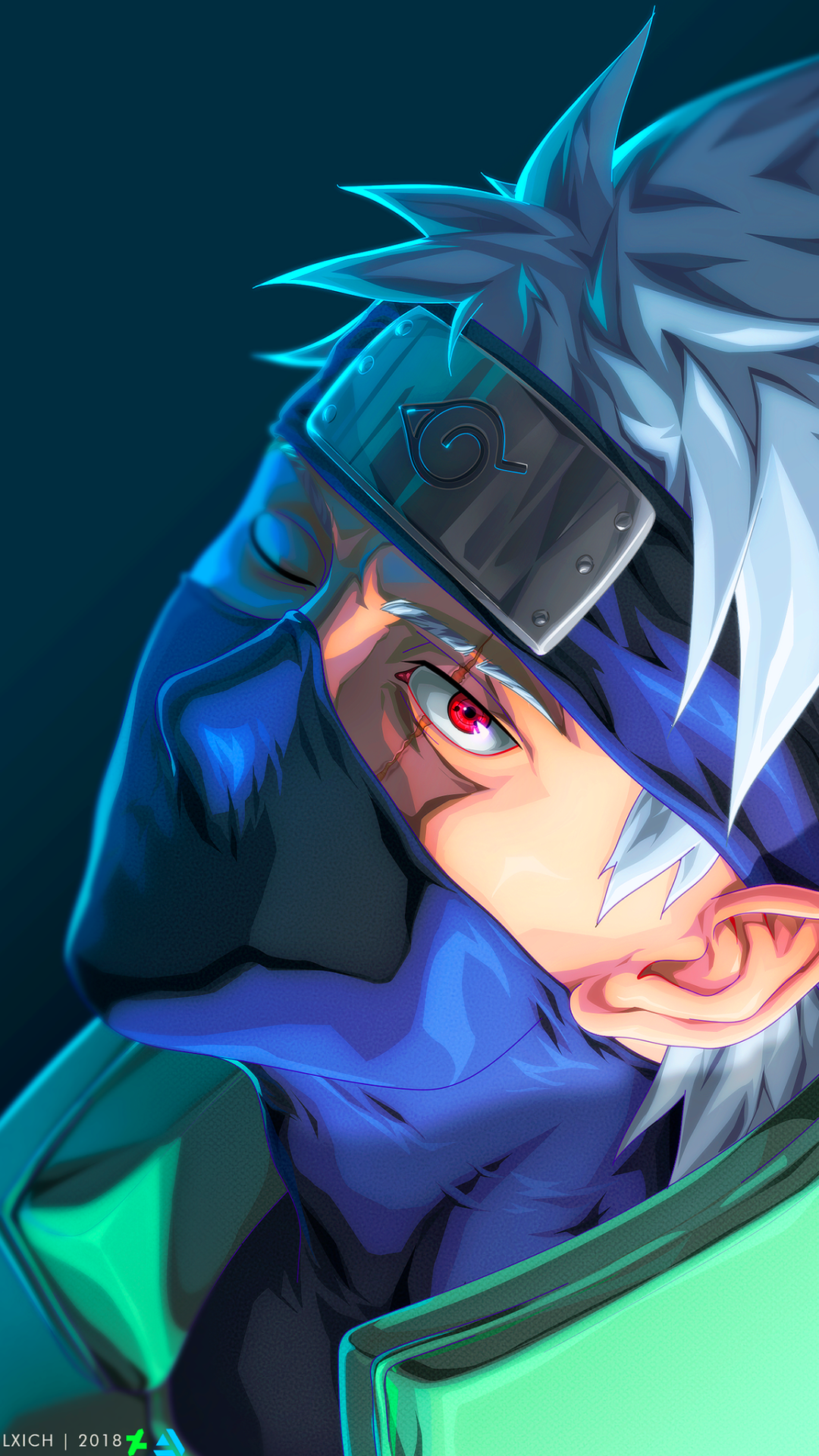 Phone wallpaper portrait of Kakashi Hatake from the Naruto anime: close-up of masked face and exposed Sharingan eye, silver hair, Konoha headband, teal-blue lighting.