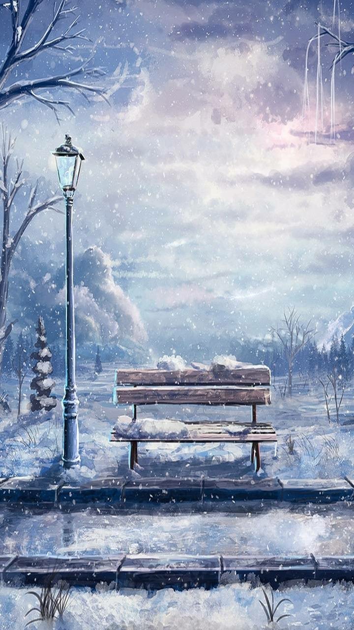 Download Snow Bench Artistic Winter Phone Wallpaper