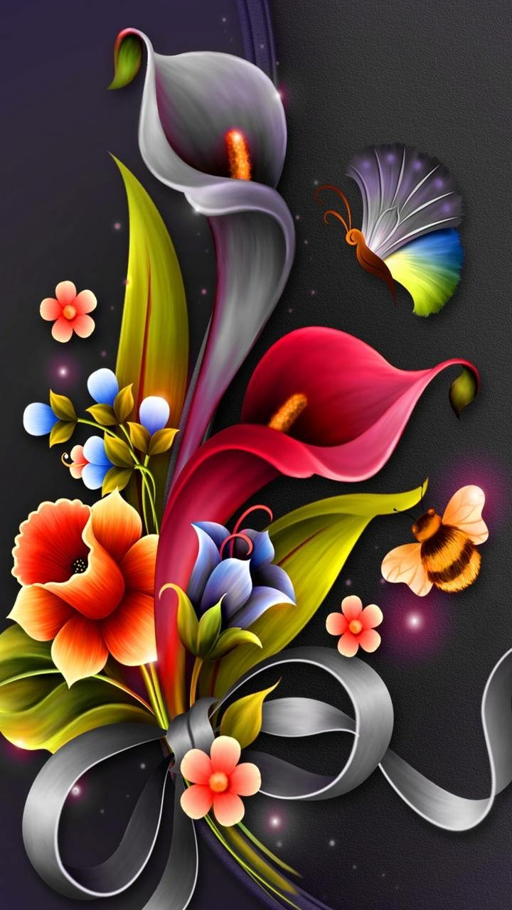 A colorful, artistic bouquet of flowers with vibrant hues and butterflies on a dark background, designed as a visually striking phone wallpaper for iPhones and Android devices.