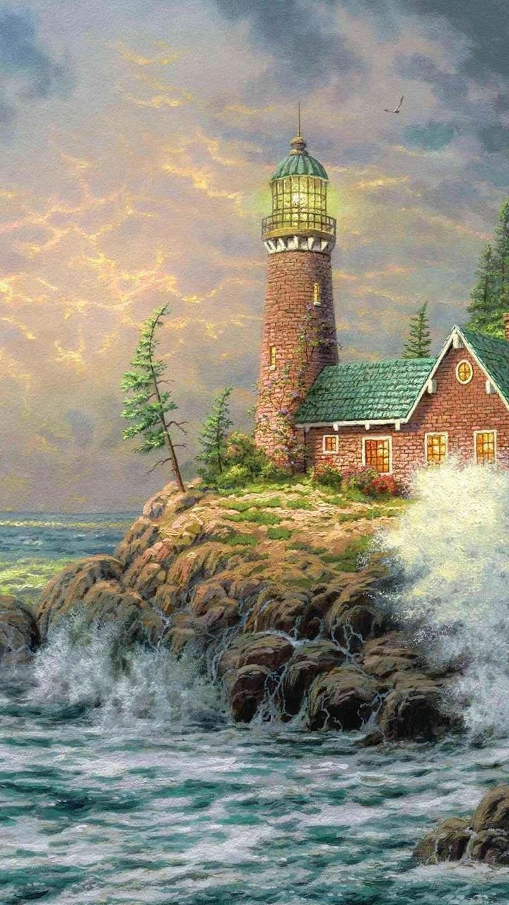 Artistic painting phone wallpaper of a lighthouse and cottage on rocky cliffs, waves crashing against the ocean under a dramatic sky.