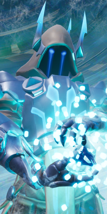 Fortnite Battle Royale phone wallpaper: hooded, armored figure with glowing blue visor and hands shaping crackling energy — video game Fortnite.