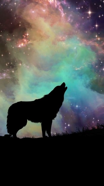 Howling wolf, an animal silhouette, against a vibrant nebula night sky — vertical phone wallpaper.