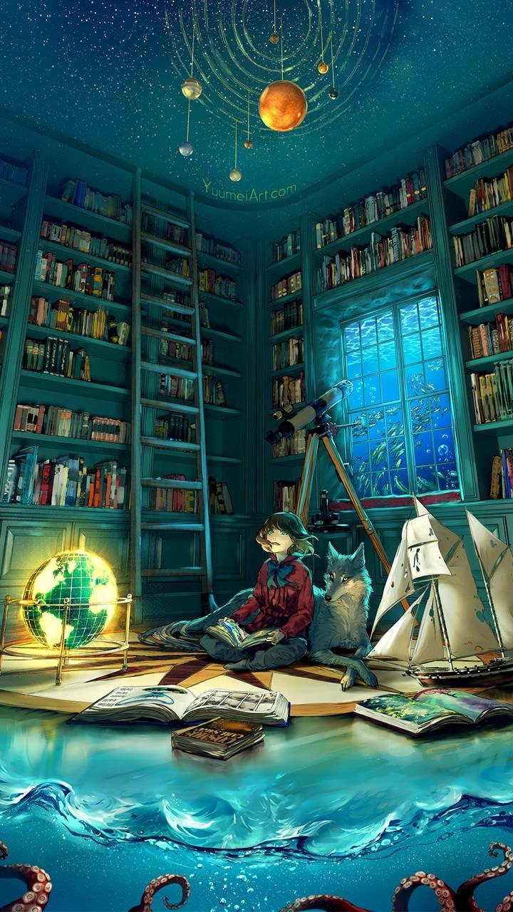 Download Ship Water Wolf Little Girl Fantasy Dream Phone Wallpaper