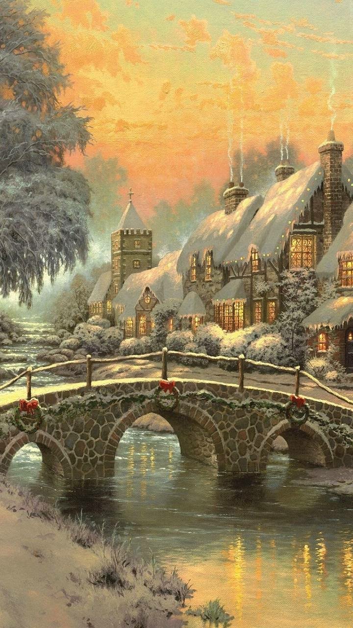 Download Winter Village Artistic Painting Phone Wallpaper
