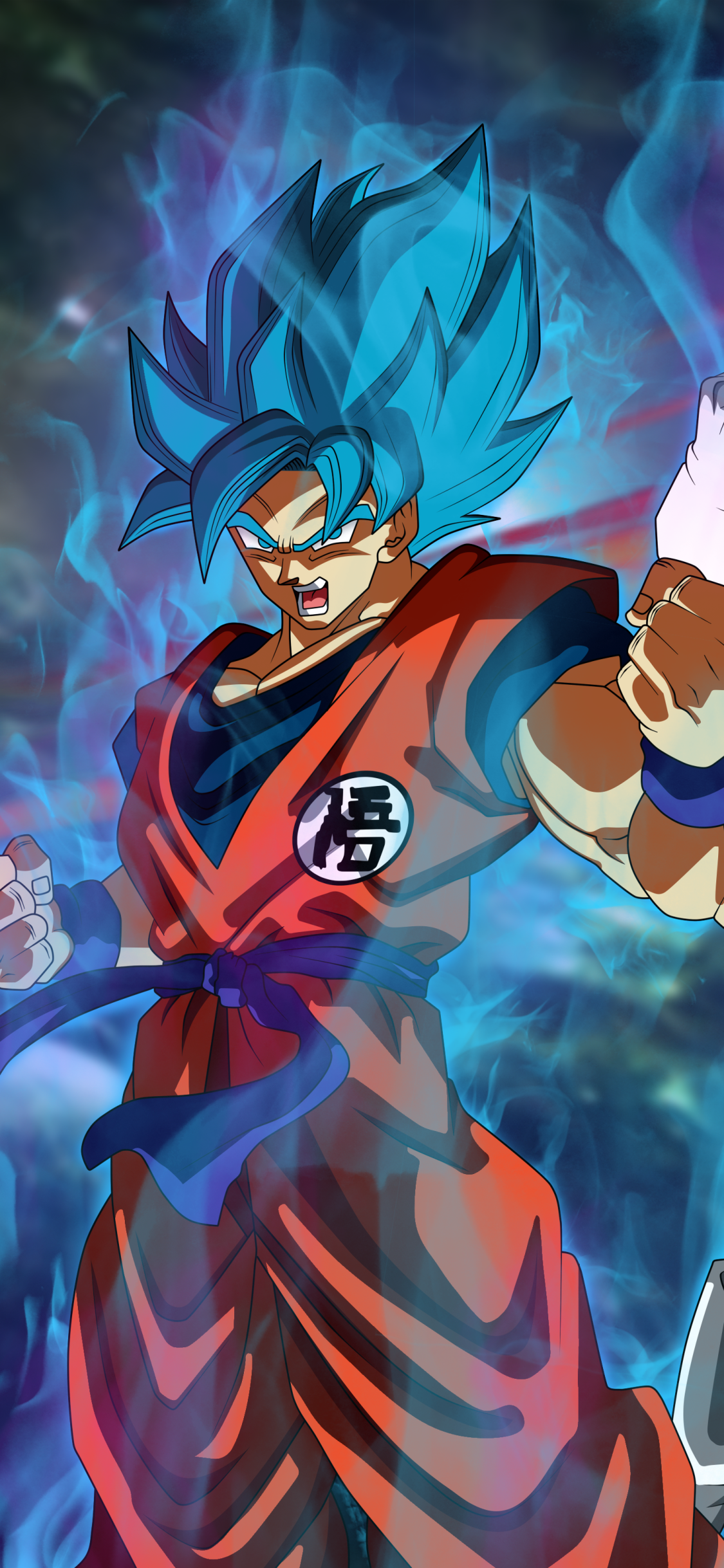 Phone wallpaper featuring Goku in his blue Super Saiyan form from Dragon Ball Super: Broly, showcasing vibrant anime energy effects for iPhone and Android devices.