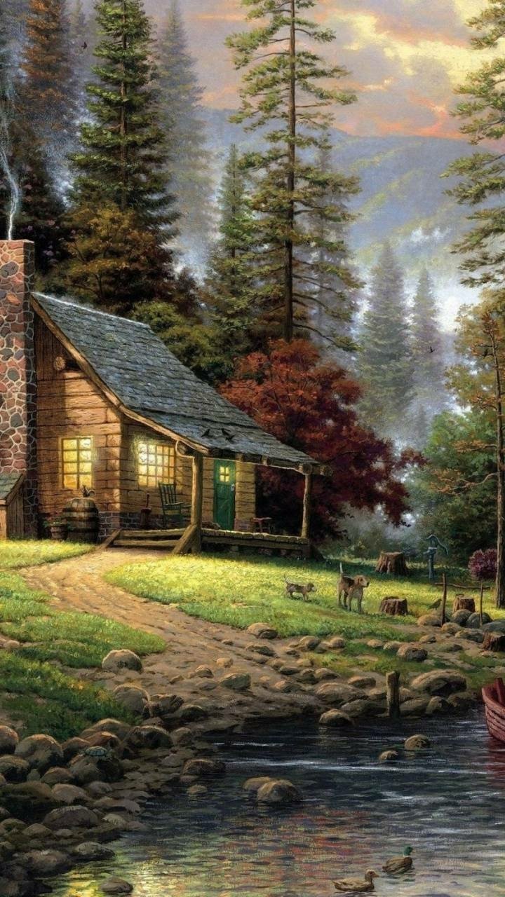Download Tree Cabin Artistic Painting Phone Wallpaper