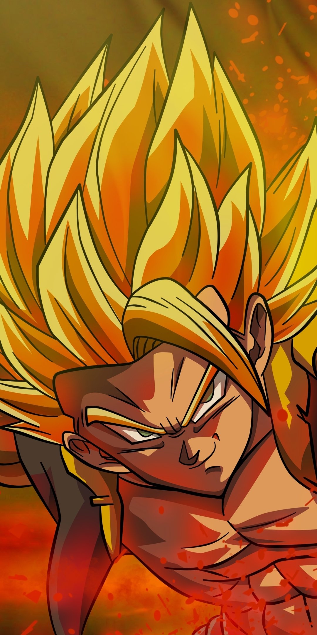 Phone wallpaper of Gogeta (Dragon Ball) as a Super Saiyan: intense anime close-up, blazing golden hair and fiery aura in bold Dragon Ball Super colors.