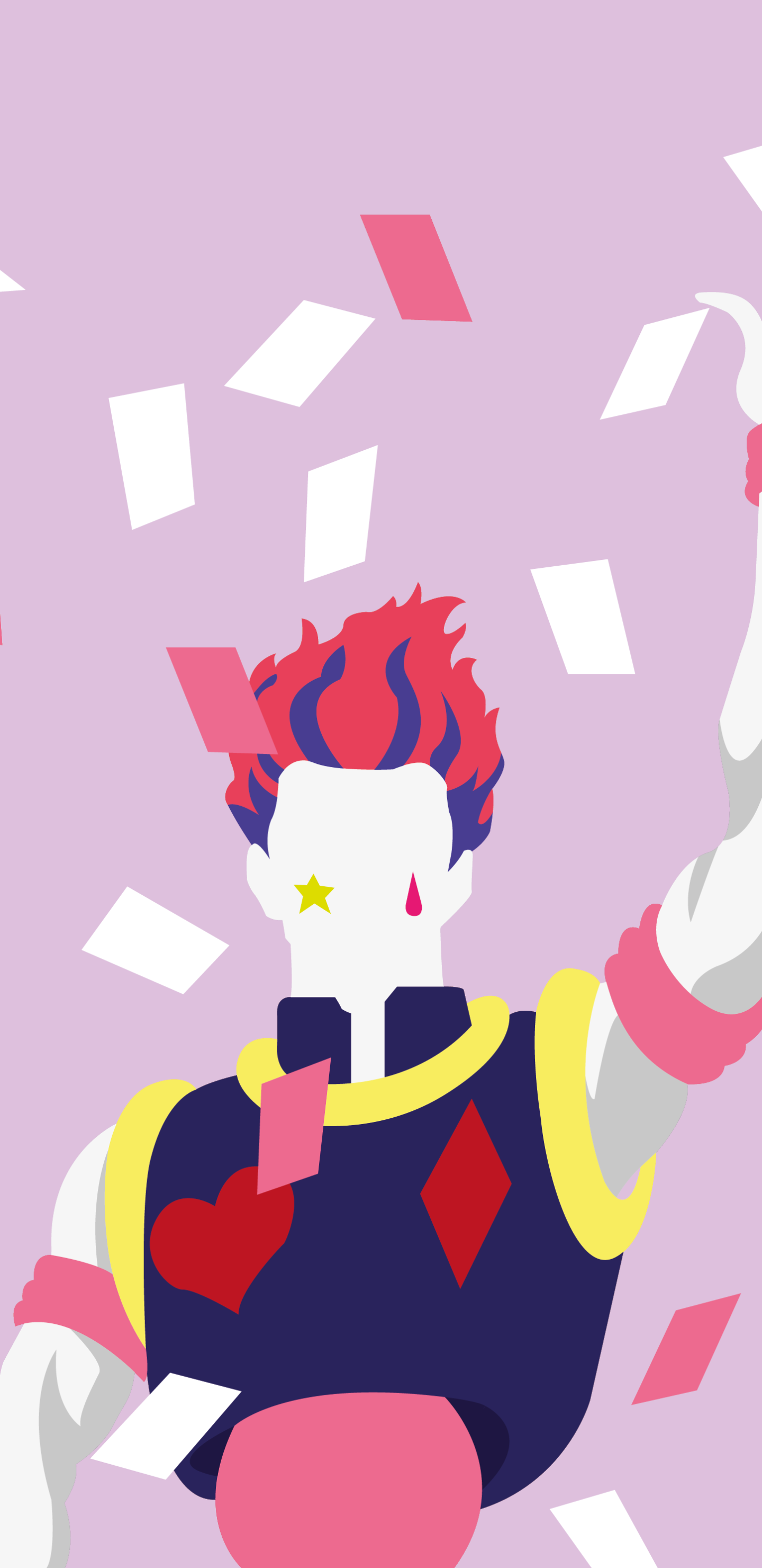 Anime phone wallpaper of Hisoka (Hunter × Hunter): bold flat-color illustration, star face mark, card motifs and confetti on a pale pink background.