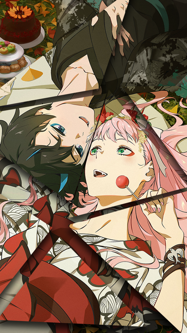 Phone wallpaper of Hiro and Zero Two (Darling in the FranXX) — anime scene of the two lying among desserts, heads close, Zero Two holding a lollipop.