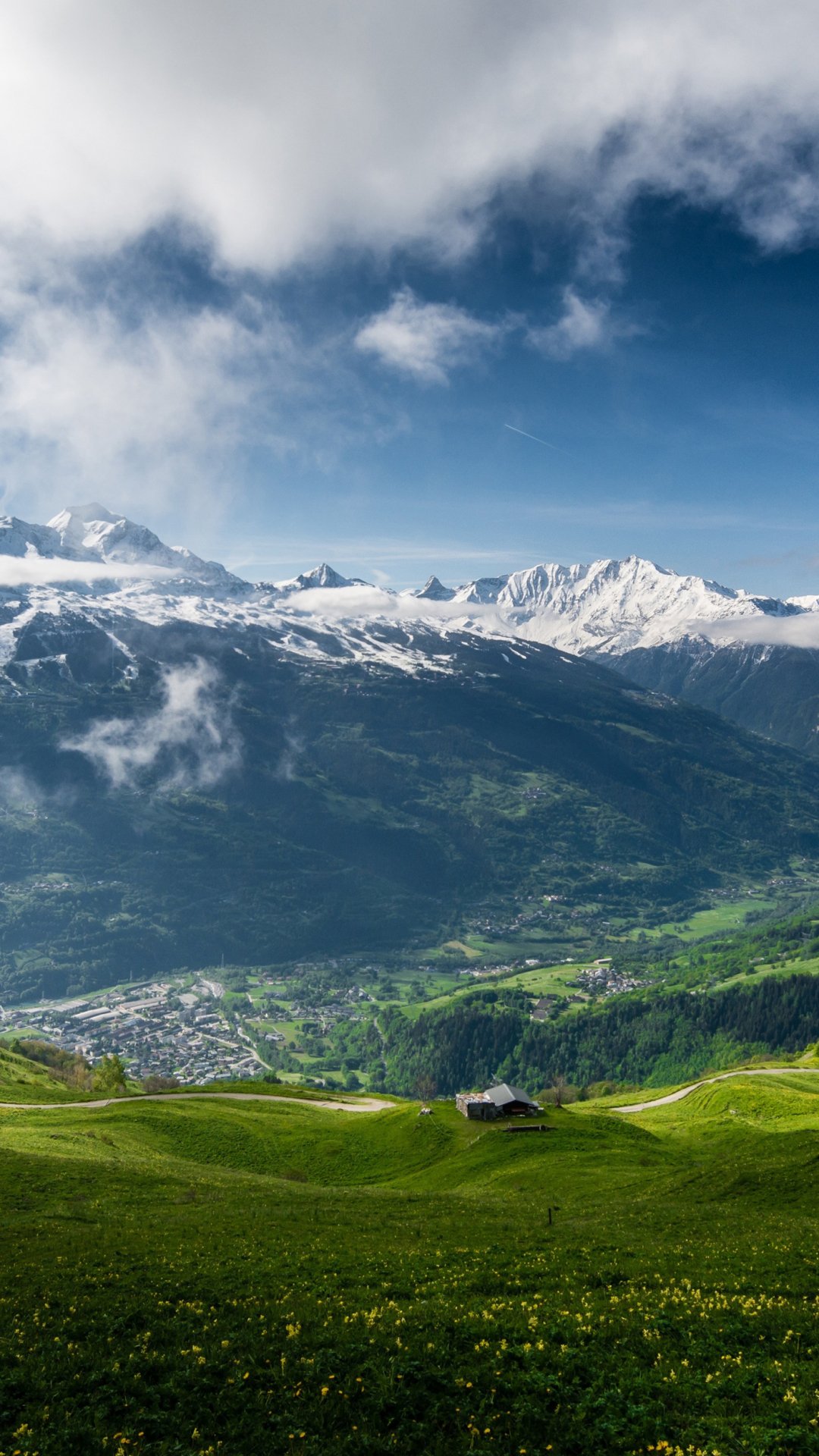 Phone wallpaper of a spring nature scene: emerald meadow and wildflowers in foreground, small cabin and village in the valley, rugged snow‑capped mountains under a blue sky.