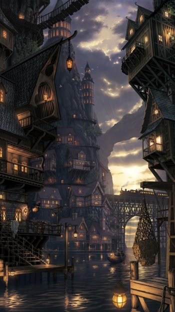 lantern house fantasy city Phone Wallpaper