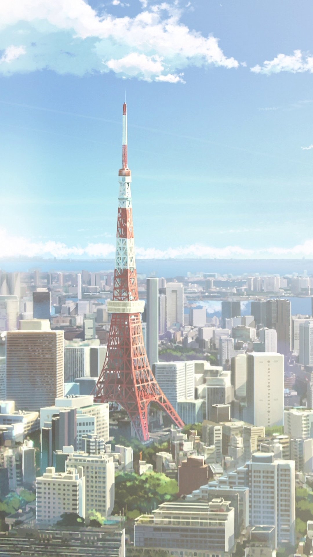 Anime-style city skyline of Tokyo featuring Tokyo Tower under a bright blue sky, inspired by the film Your Name. Designed as a phone wallpaper for iPhone and Android.