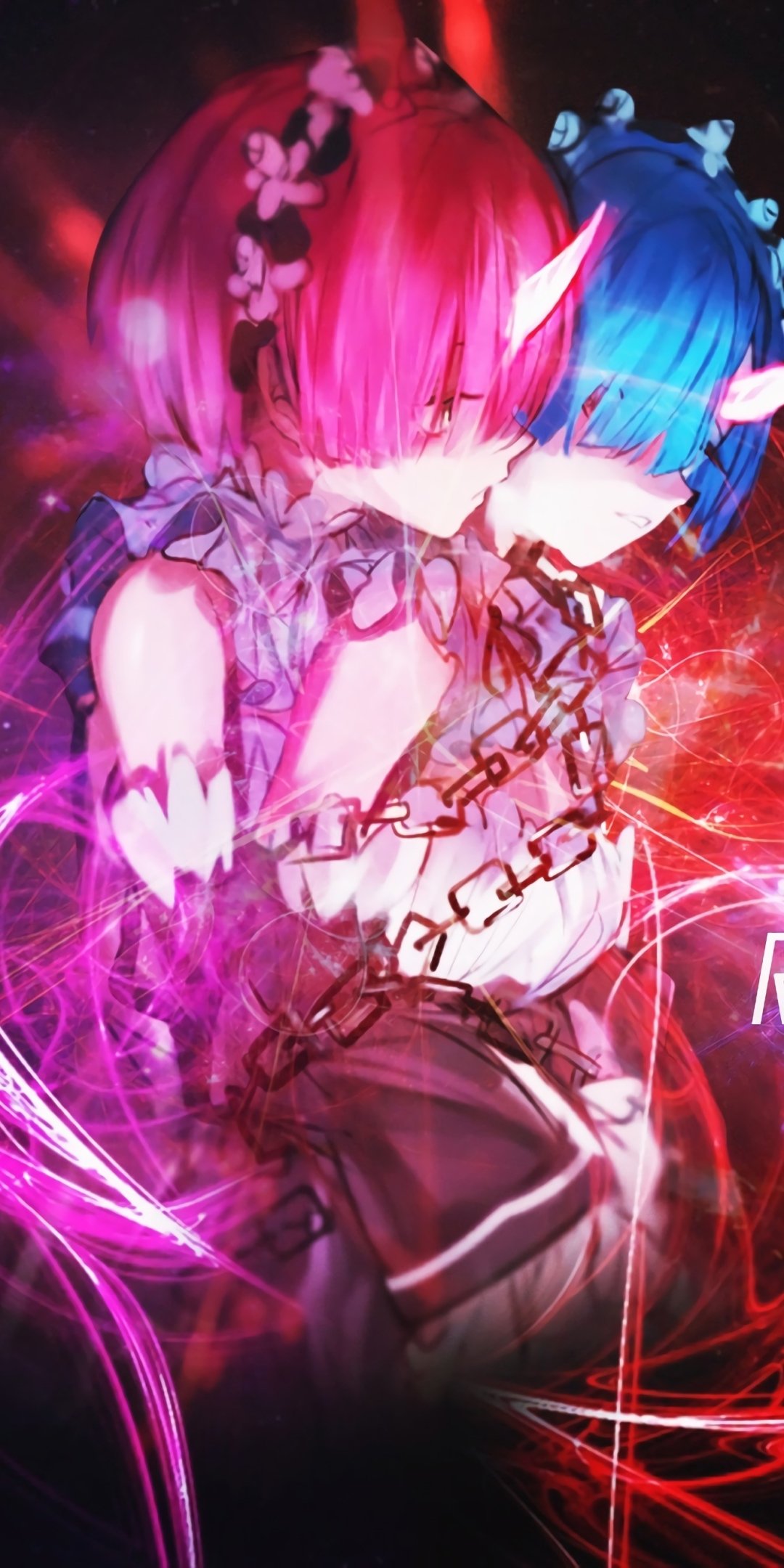 Phone wallpaper of Ram and Rem (Re:Zero - Starting Life in Another World), back-to-back as twin maids bound by chains, bathed in red and blue magical light.