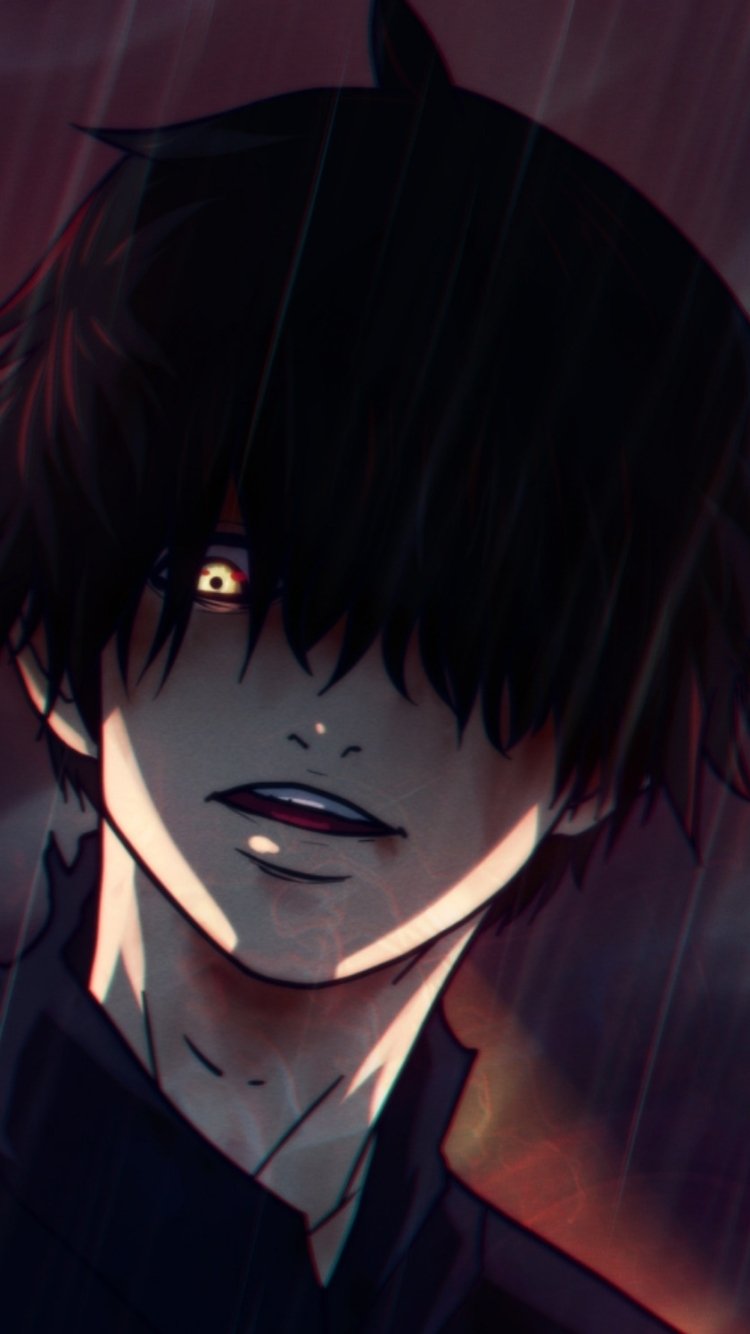 Phone wallpaper of Ken Kaneki (Tokyo Ghoul:re) — anime portrait in rain, black hair obscuring his face, glowing yellow eye and a chilling, shadowed smile.