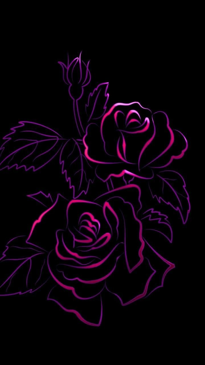 Artistic neon-outline rose flower in pink and purple on a black background, rendered as a phone wallpaper.