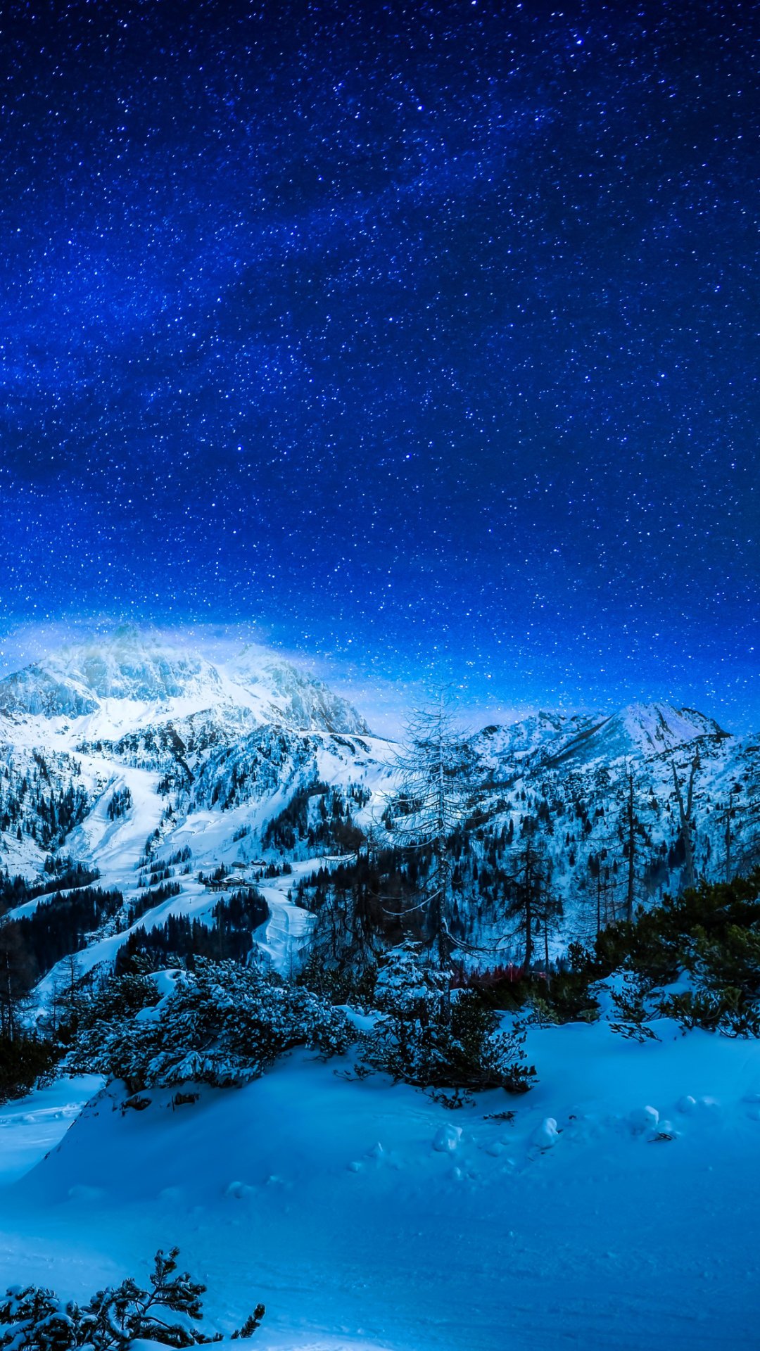 Download Blue Landscape Mountain Starry Sky Star Sky Snow Winter Nature Night Winter Night Snowy Mountain Night Snow Phone Wallpaper