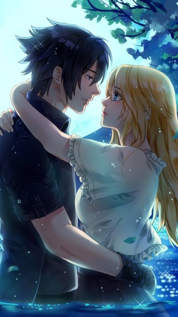 Phone wallpaper of Final Fantasy XV video game characters Noctis Lucis Caelum and Stella Nox Fleuret embracing in moonlit water, gazing into each other's eyes.