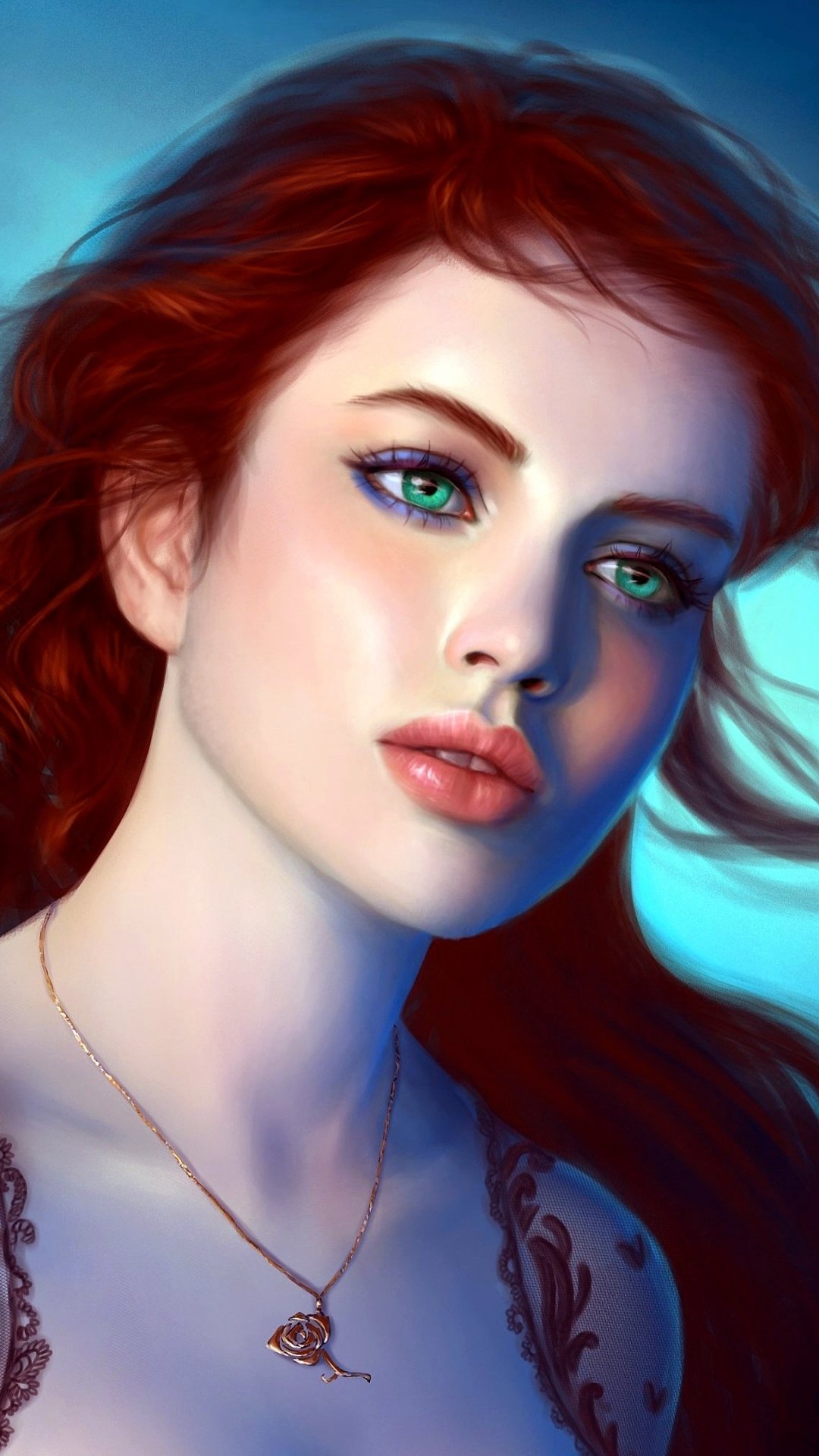 Download Red Hair Green Eyes Fantasy Woman Phone Wallpaper