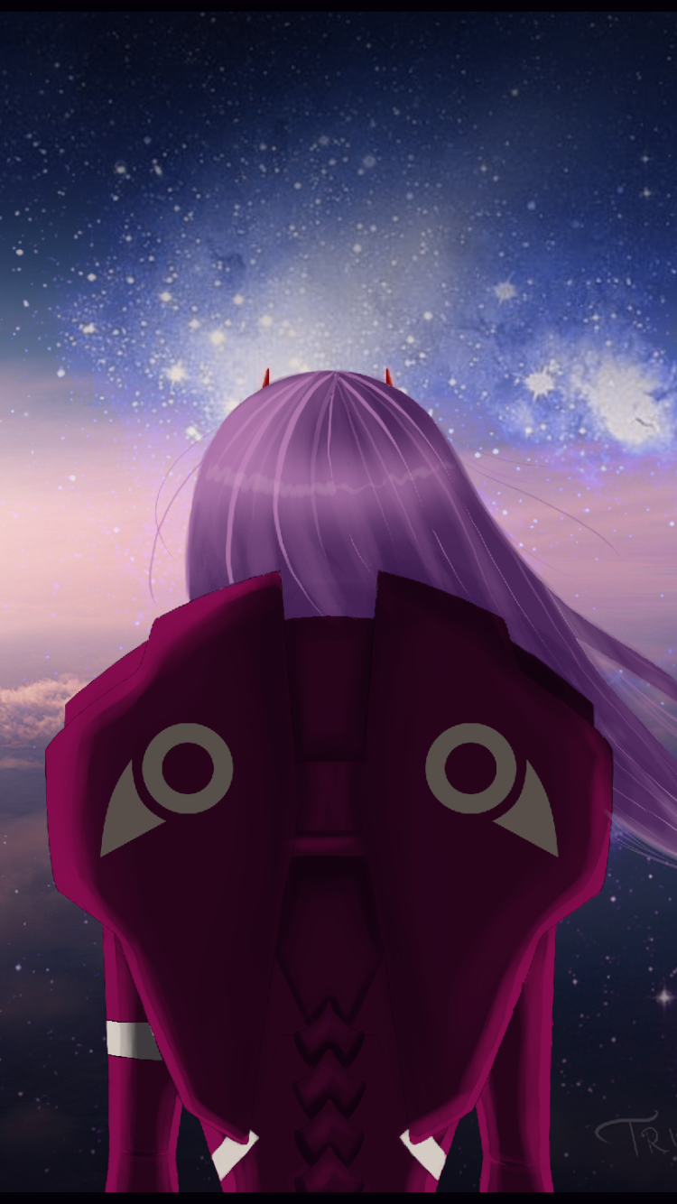 Phone wallpaper of Zero Two (Darling in the FranXX), shown from behind in her red pilot suit with long pink hair, gazing at a starry, pastel-hued sky.